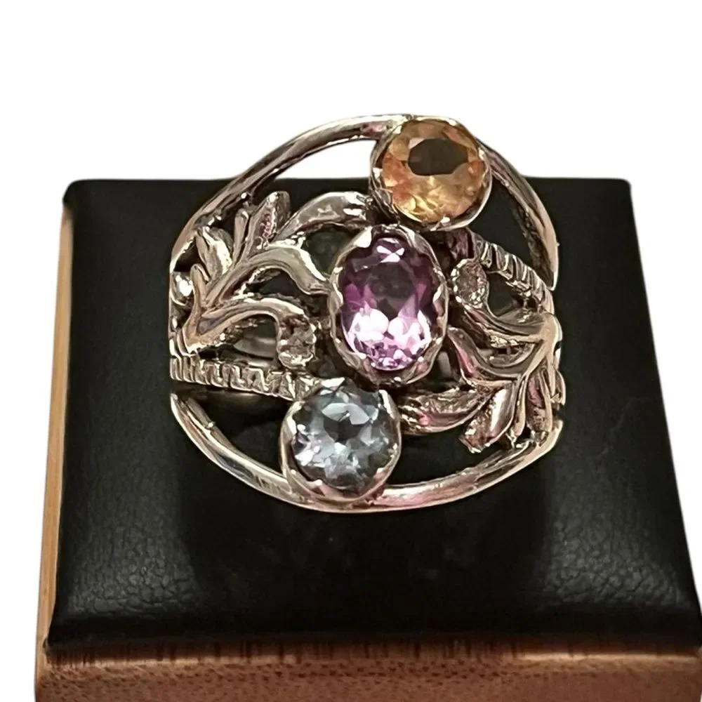 Stunning 925 Sterling Silver Citrine Amethyst Blue Topaz Cocktail Ring Size 8